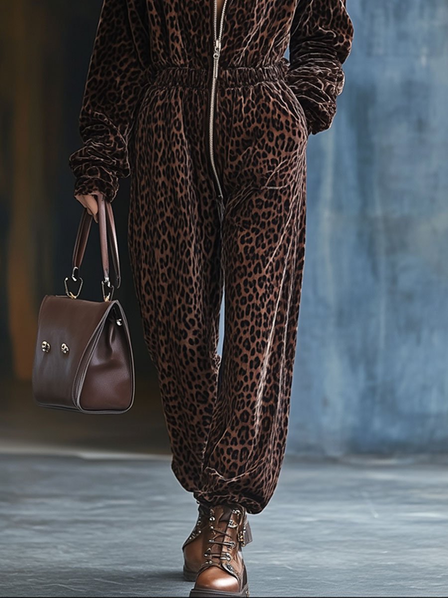 [24-hour shipping out]Casual Loose Vintage Velvet Leopard Print Elastic Waist Zipper Hooded Jumpsuit