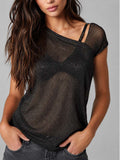 Women's Black Off-shoulder Mesh Shiny Knitted Top