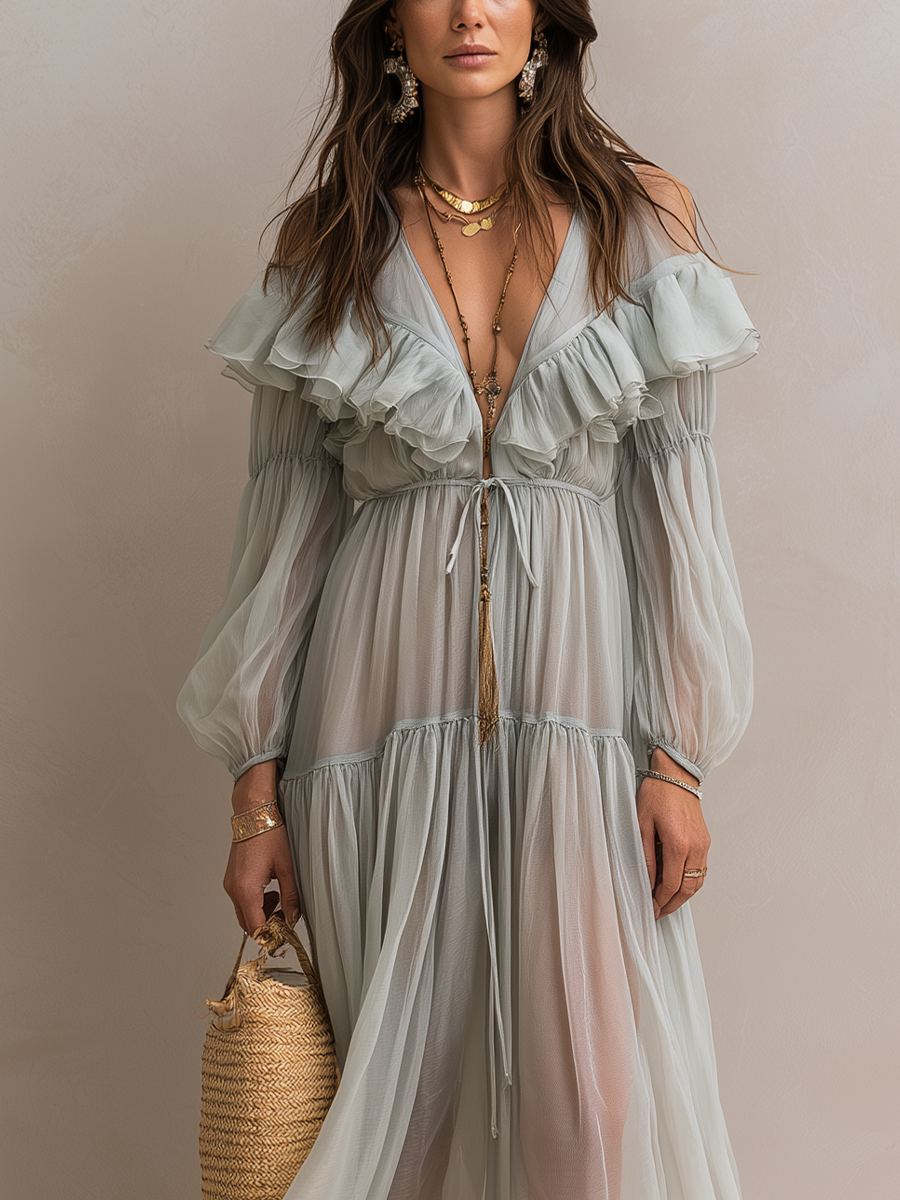 Romantic Sage Green Off-Shoulder Chiffon Maxi Dress