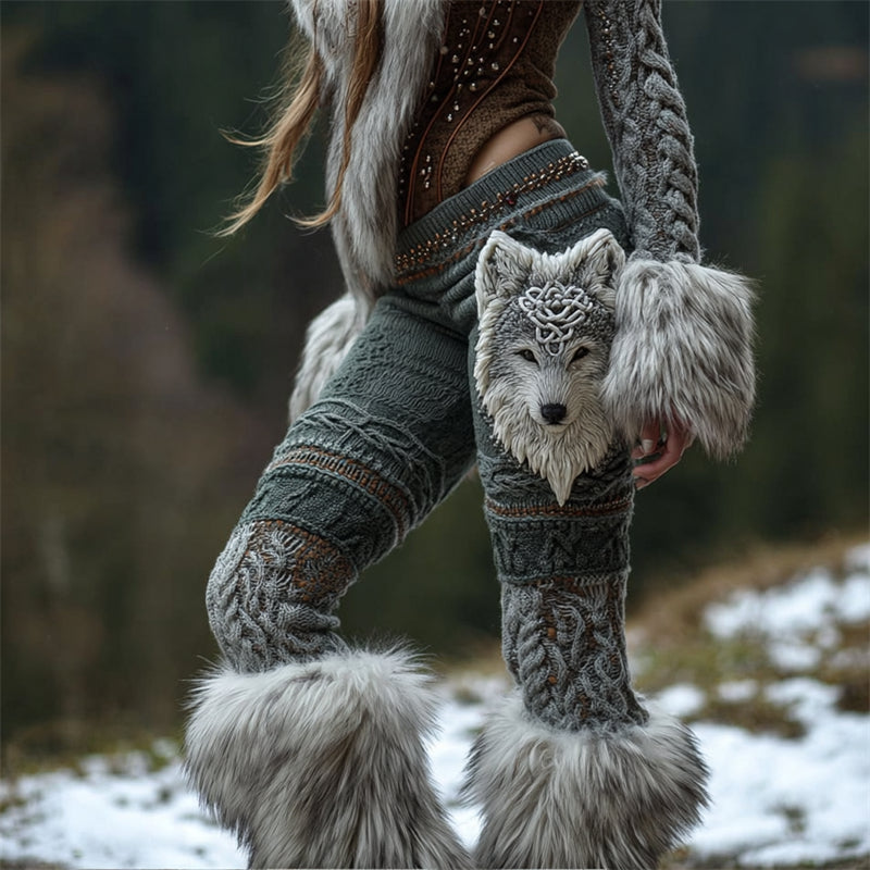 Viking Celtic Fuzzy Wolf Cozy Cable Knit Leggings