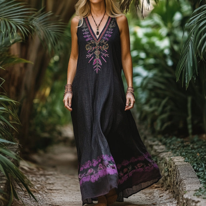 Bohemian Lavender Embroidery Sleeveless  Cozy Linen Maxi Dress