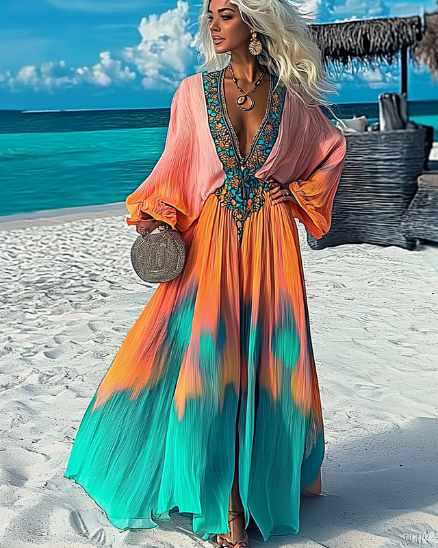 Elegant vacation color block loose dress 937f