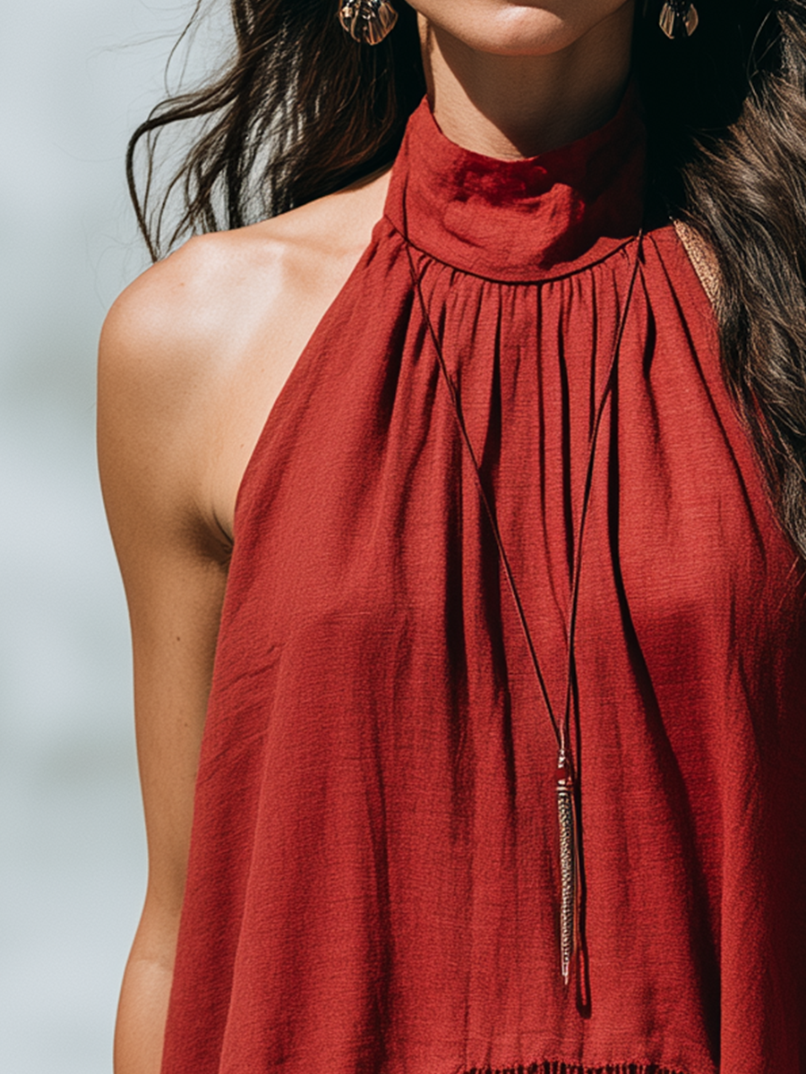 Vintage Red Fringe Halter Neck Top