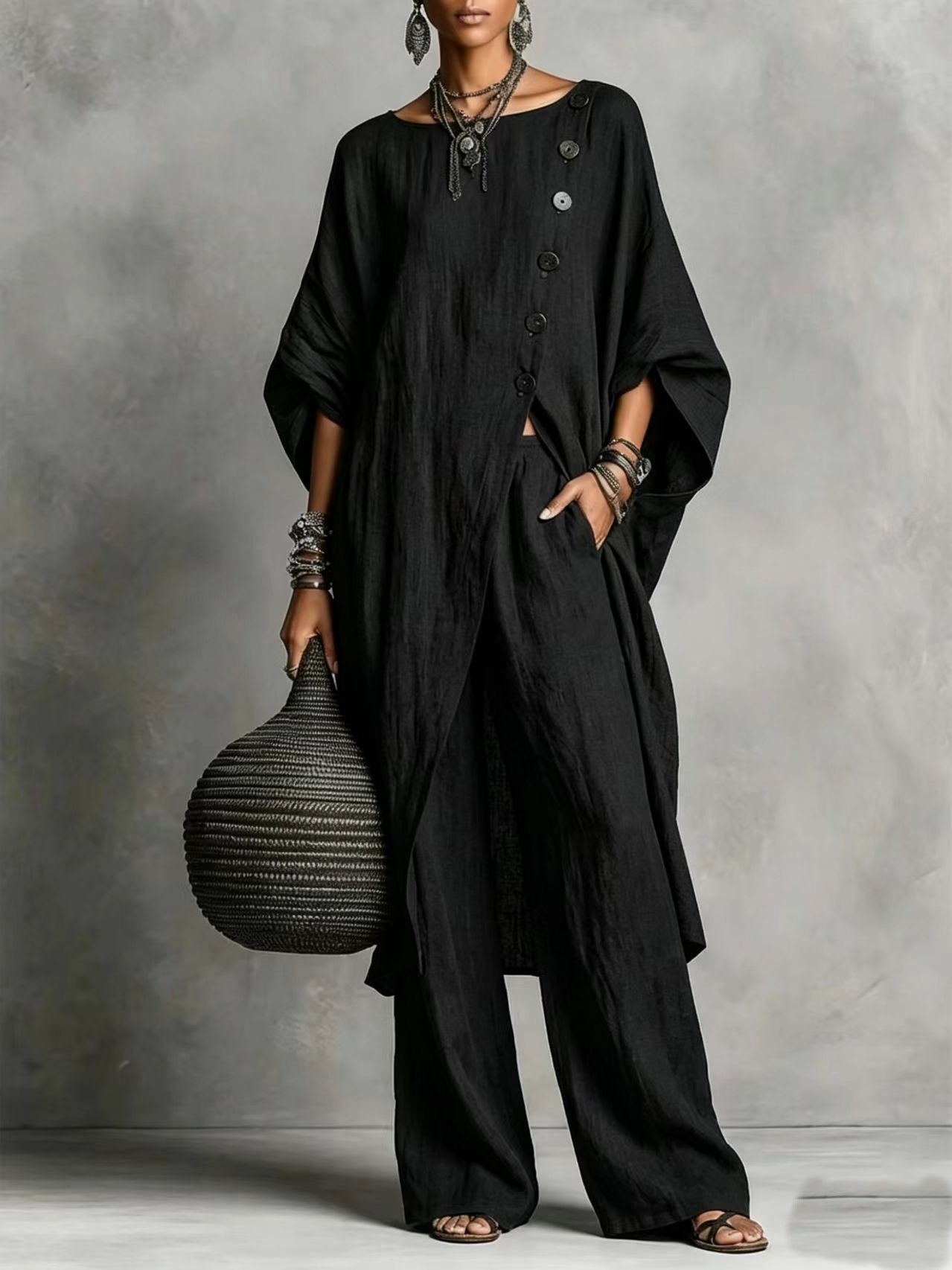 Linen Oversized Tunic & Wide‐Leg Pants Co‐Ord Set
