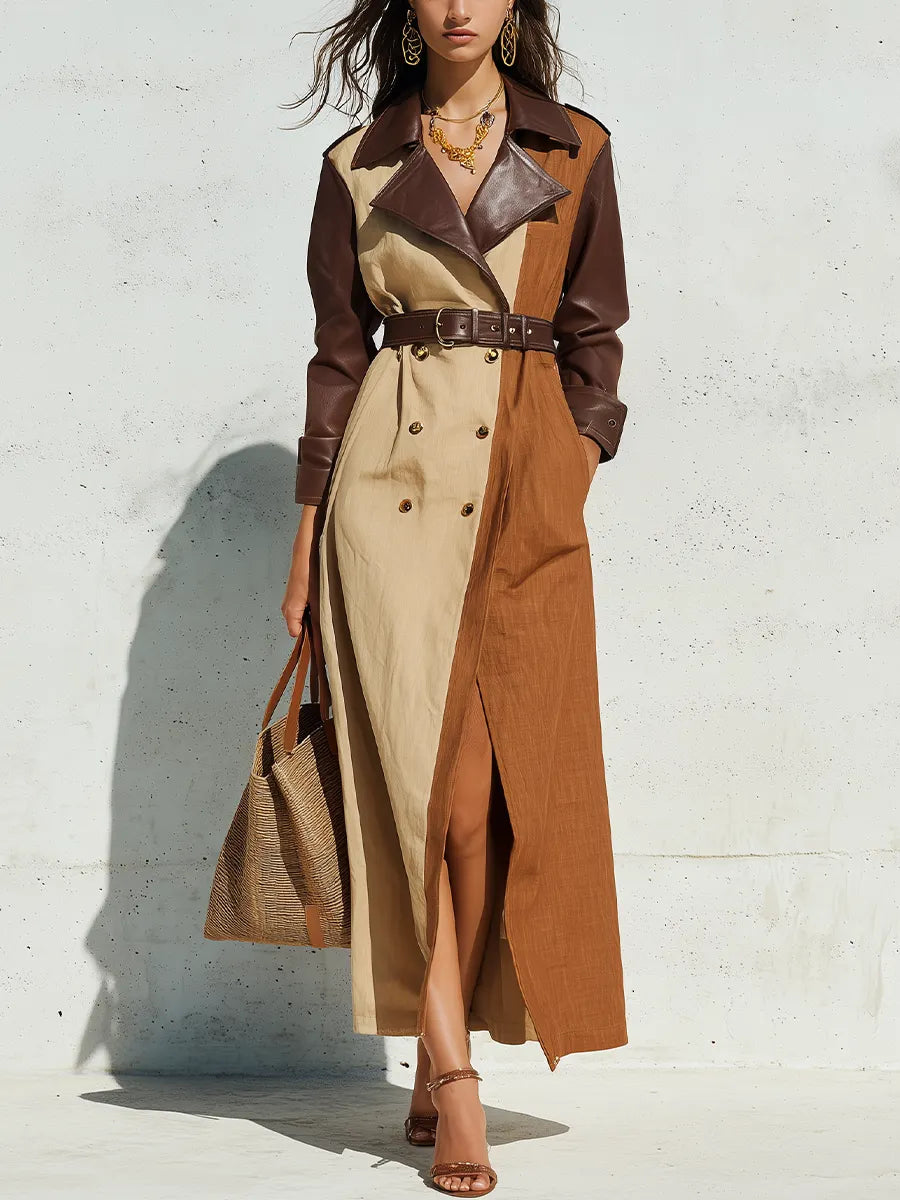 Classic Brown Beige Color Block Trench Coat