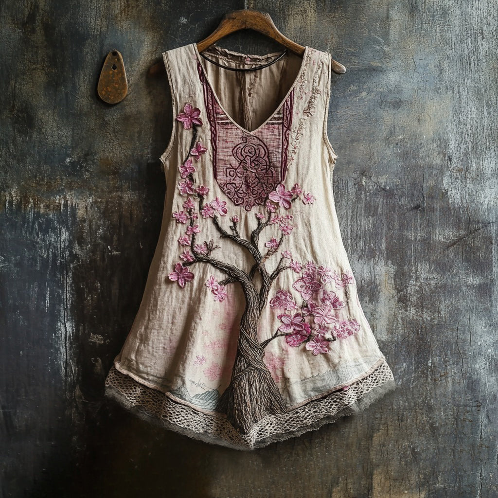 Women's Cherry Blossom Embroidery Lace Art Linen Tank