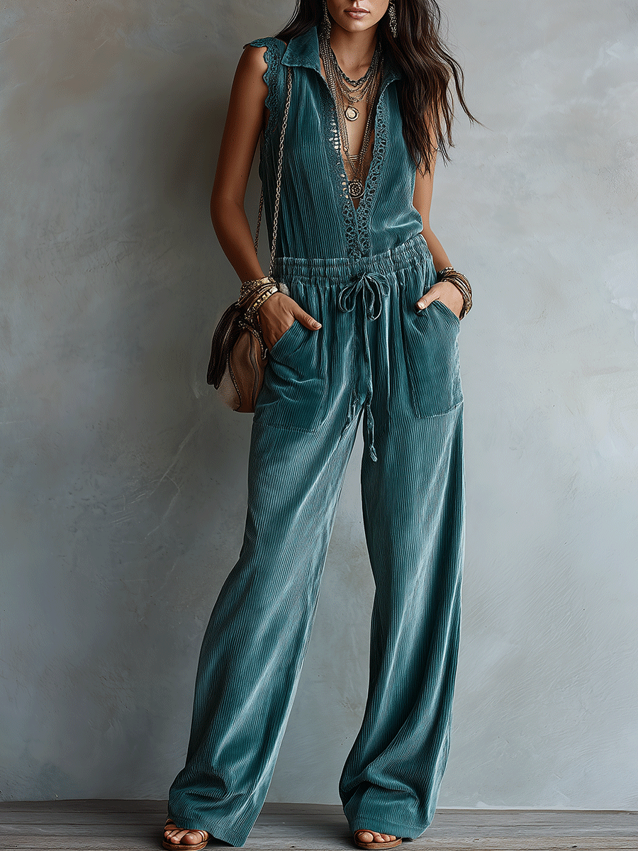 Elegant Vacation Ocean Teal Velvet Utility Jumpsuit
