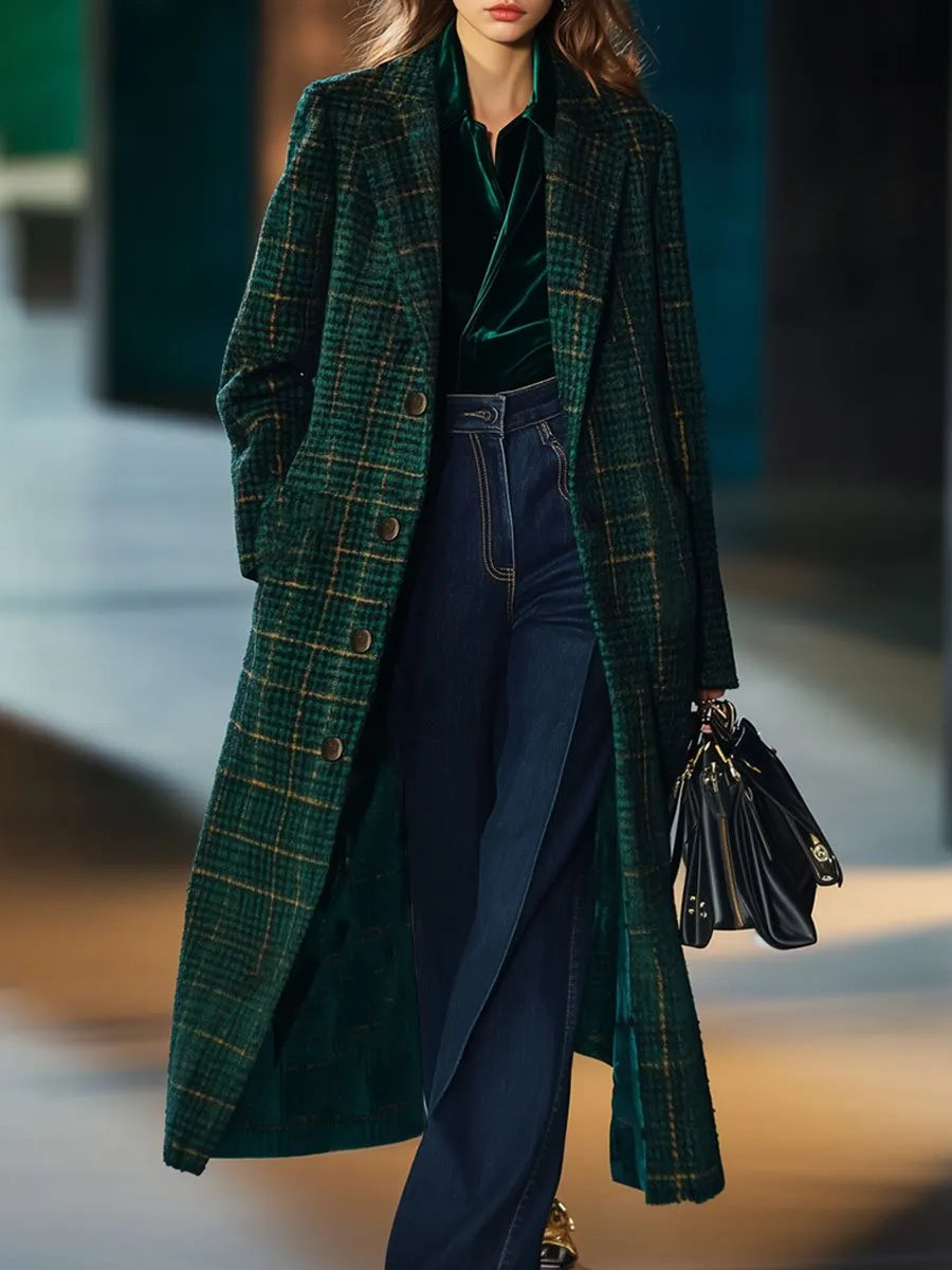[24-hour shipping out]Casual Loose Retro Pocket Woolen Plaid Mid-Length Coat
