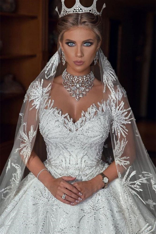 Daisda Glamorous Cap Sleeves Ball Gown Wedding Dress With Beadings