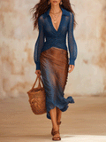 Effortless Coastal Elegance Twisted Blue Knit Blouse With Gradient Skirt Ensemble