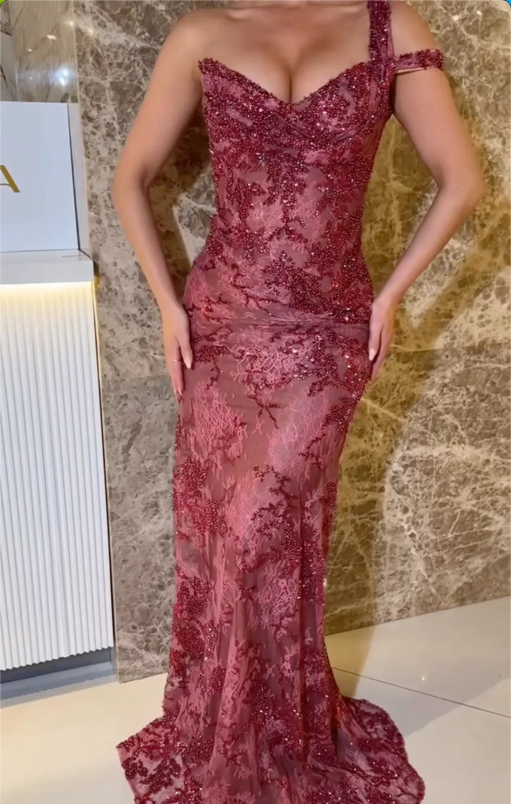 Wine Red One Strap Sweetheart Evening Maxi Dress - Floral Lace Beaded Mesh Mermaid Train Formal Gown