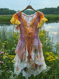 Summer Vacation Ruffle Lace Contrast Color Dress f553