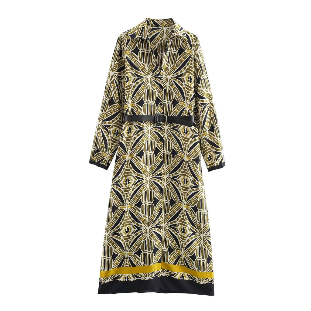 Dahlia Geometric Print Belted Midi Shirt Dress - Long Sleeve Maxi Shirt Dress