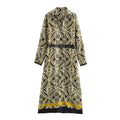 Dahlia Geometric Print Belted Midi Shirt Dress - Long Sleeve Maxi Shirt Dress