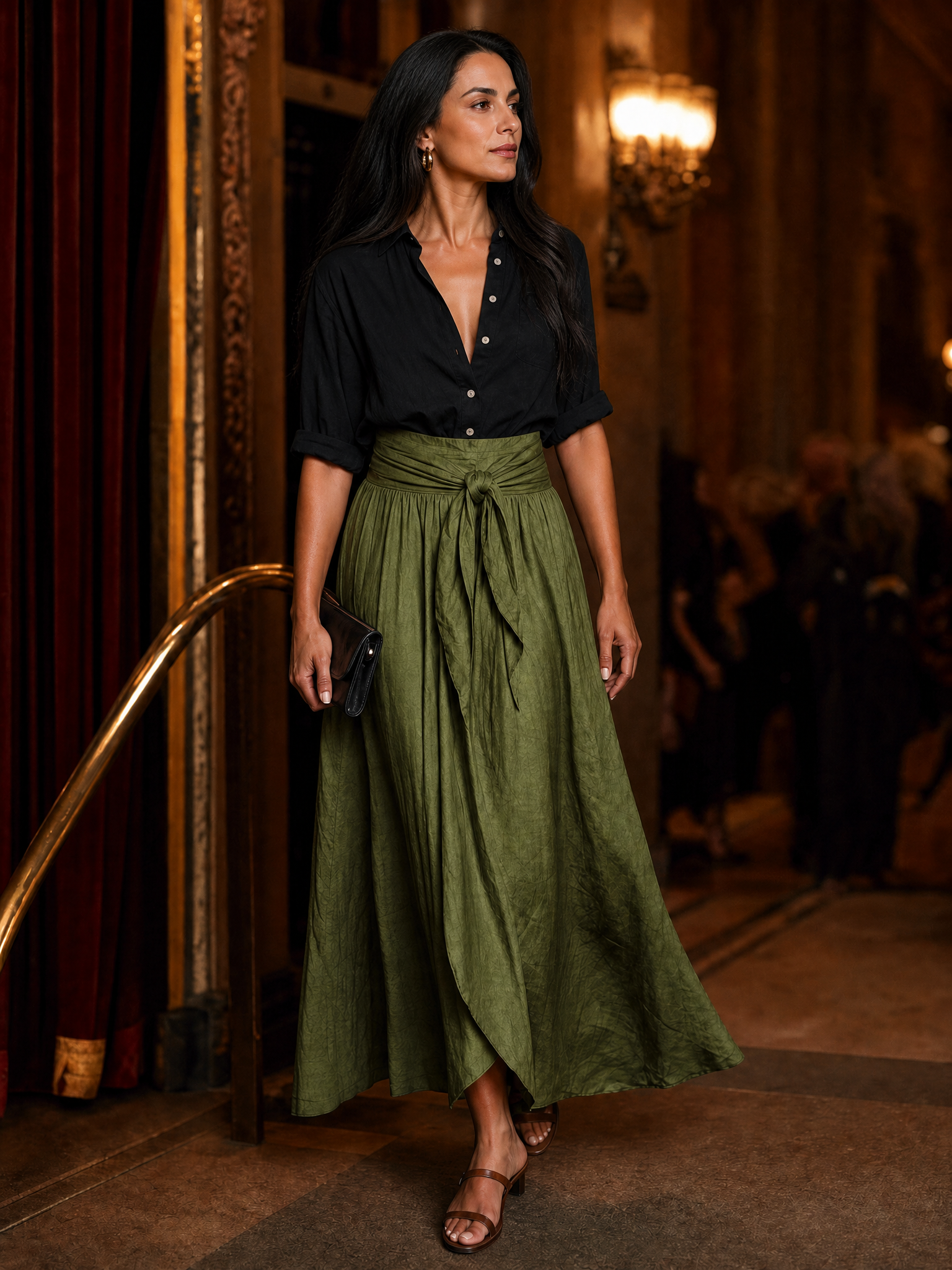 Effortless Boho Black Blouse & Olive Satin Midi Skirt Set
