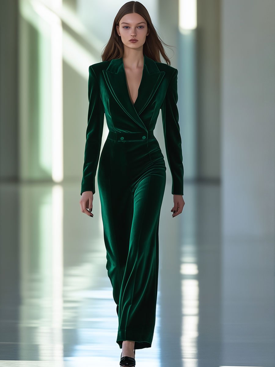 [24-hour shipping out]Casual Loose Retro Green Velvet Double-Layer Lapel Long-Sleeved Jumpsuit