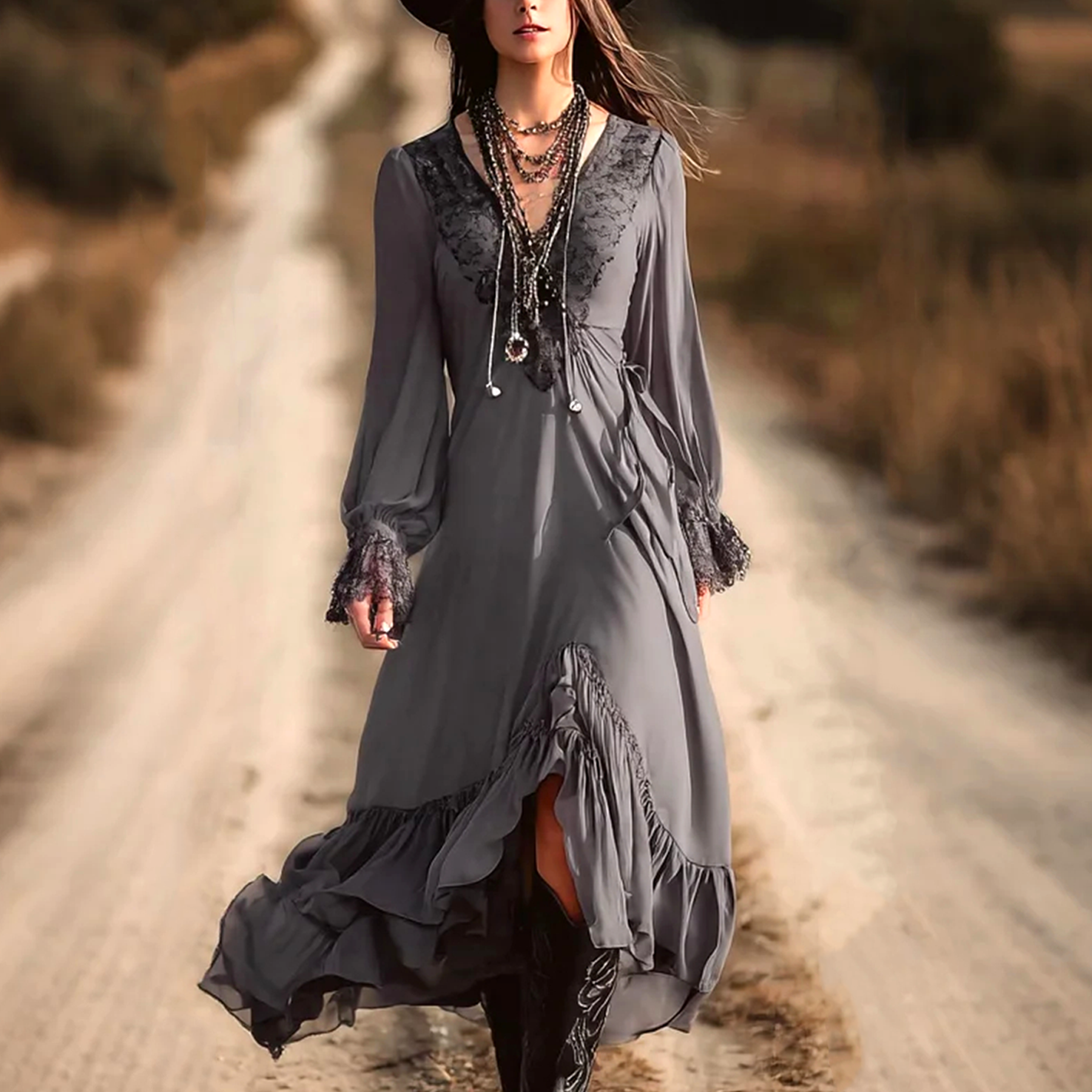 Women's Vintage Elegant Bohemian Gray Maxi Dress With Lace Details