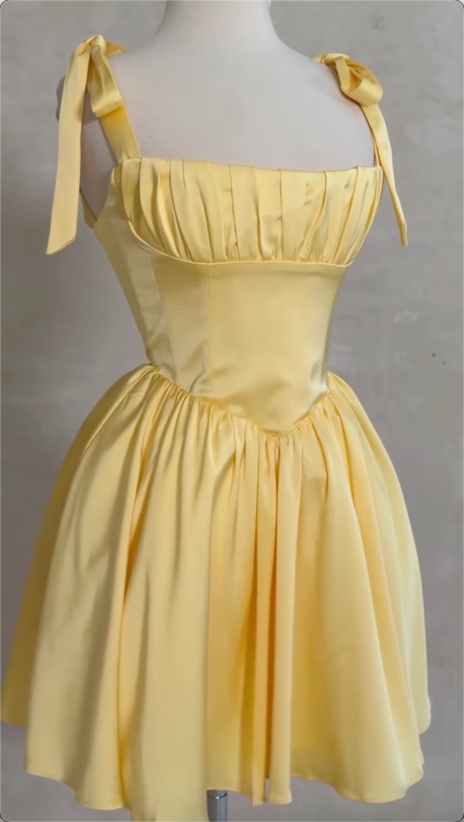 Tie Strap Square Neck Satin Corset Mini Flare Dress, Pale Yellow Ruched Bust A-line Party Evening Gown