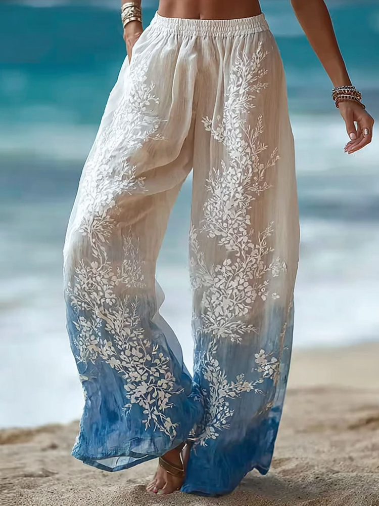 Bohemian Style Plant Flower Gradient Color Casual Long Pants