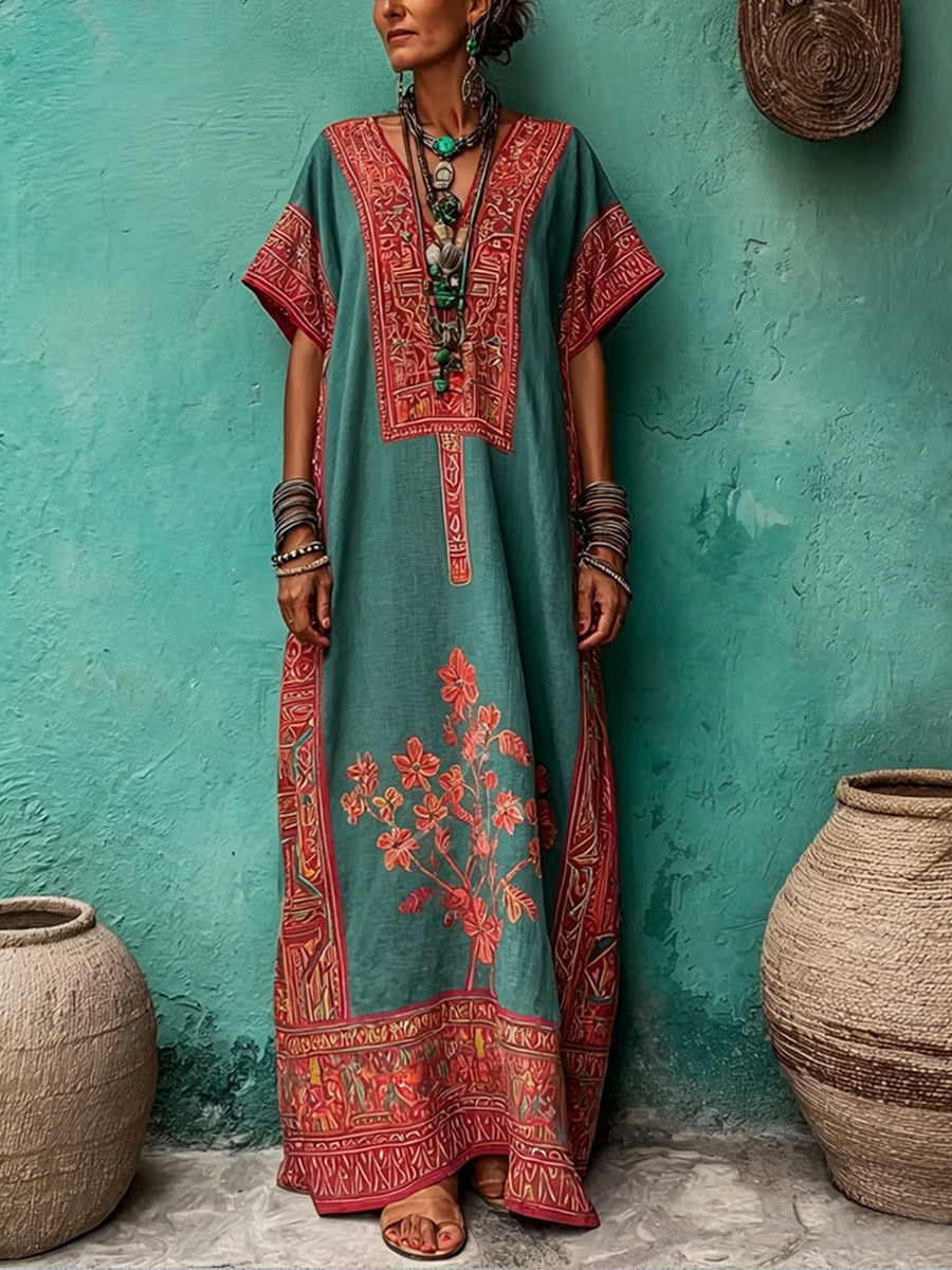 Bohemian-Print Loose and Cozy Linen-Cotton Dress