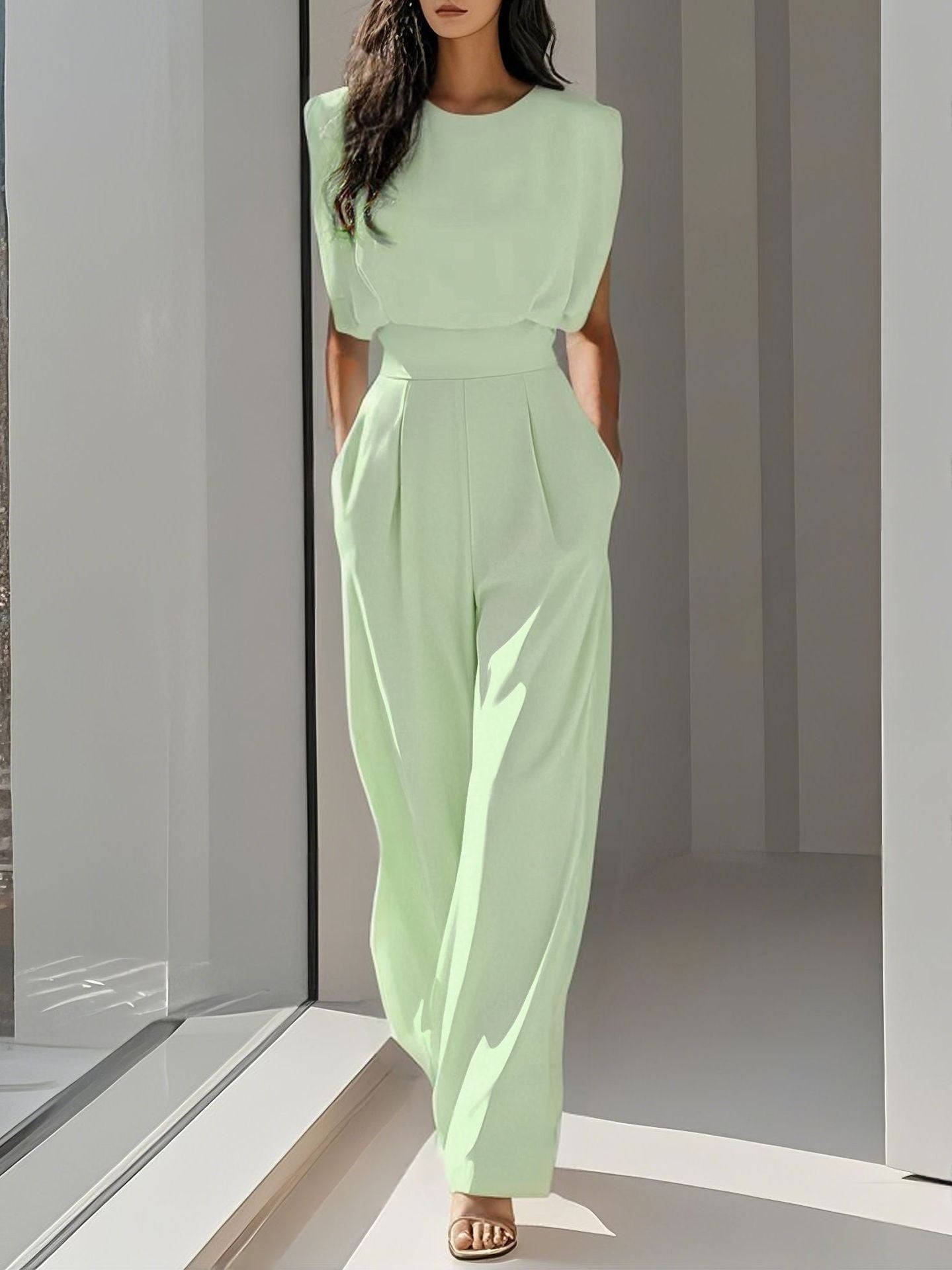Women's Elegant High-Waist Jumpsuit - Wrinkle-Free Sleeveless Wide Leg Romper with Pockets