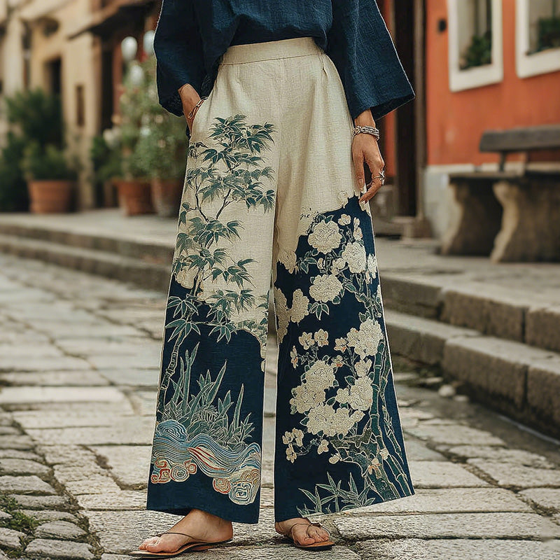 Women's Vintage Japanese Flower Art Print Pants
