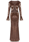 Long Sleeve Sequin Two Piece Maxi Dress Brown
