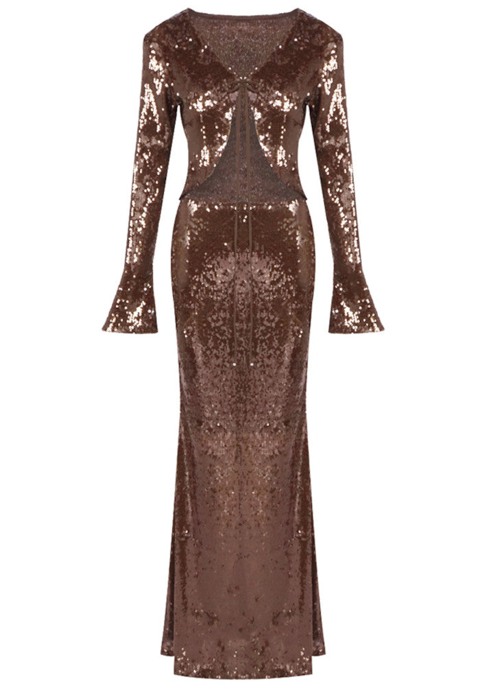 Long Sleeve Sequin Two Piece Maxi Dress Brown