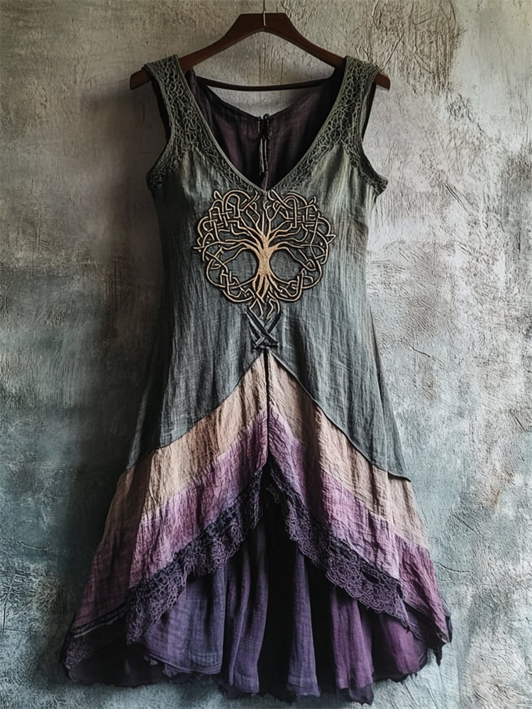 Vintage Tree Of Life Lace Hem Layered Dyed Linen Dress