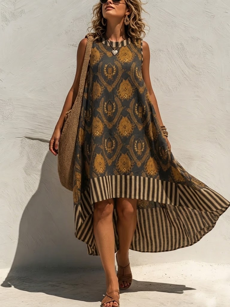 Casual Artistic Print And Striped Patchwork Sleeveless Cotton Dress
