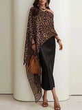 Glam Boho Leopard Chiffon Cape Top & Black Satin Maxi Skirt Set