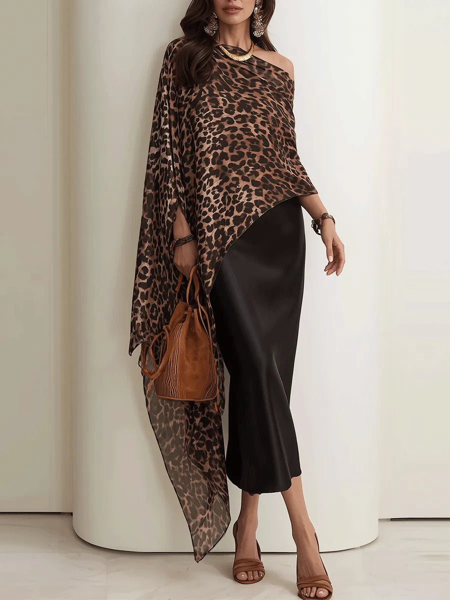 Glam Boho Leopard Chiffon Cape Top & Black Satin Maxi Skirt Set