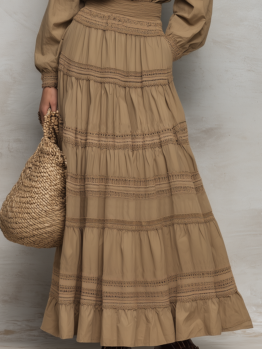 Graceful Khaki Lace Trim Skirt Set