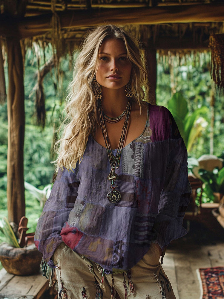 Retro Bohemian Resort Patchwork Art Print Cotton And Linen Blend Loose Blouse