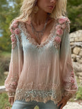 Pink Roses Glitter Beaded Lace Gradient Flowy Linen Tunic