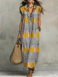 Women's Retro Geometric Pattern Art Print Casual Ruffled Stylish Cotton Linen Dress