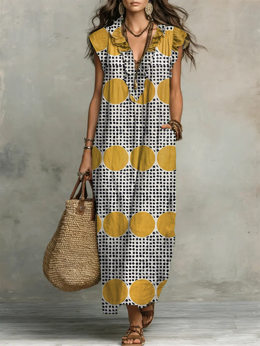 Women's Retro Geometric Pattern Art Print Casual Ruffled Stylish Cotton Linen Dress