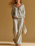 Women's Cardigan Collar Long-sleeved Casual Loose Top And High-waisted Casual Loose Wide-leg Pants Knitted Set