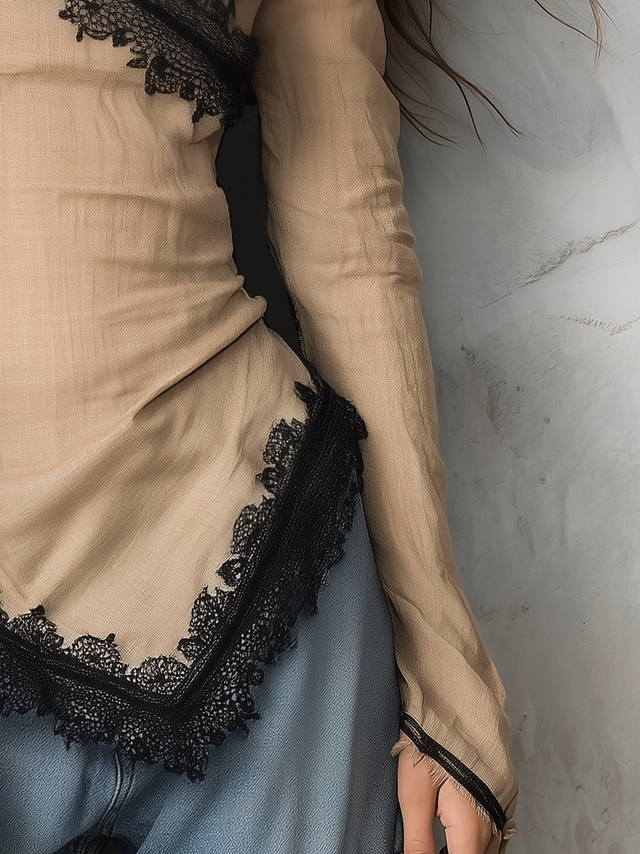 Refined Beige Lace Trim Wrap Blouse