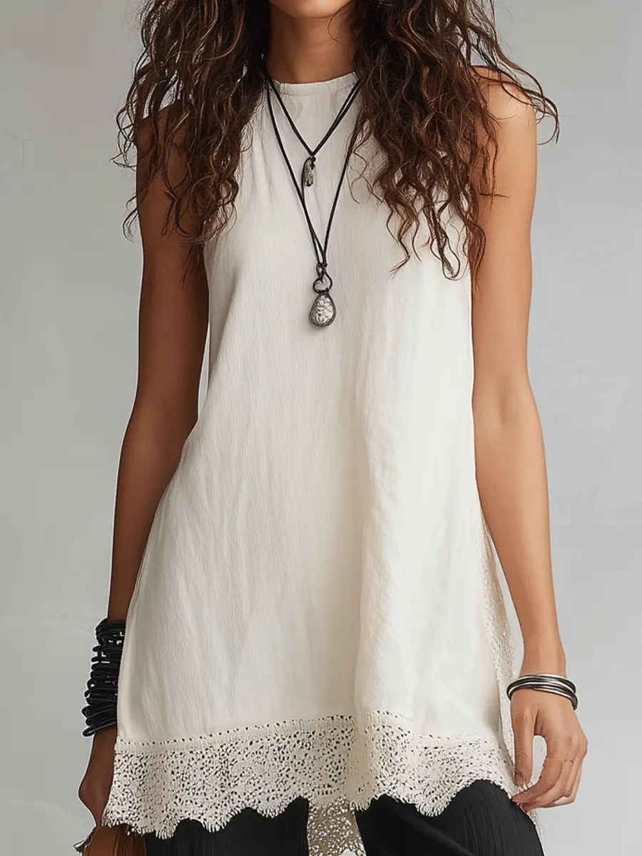 Refined Lace-Hem Sleeveless Tunic & Wide-Leg Pants Set
