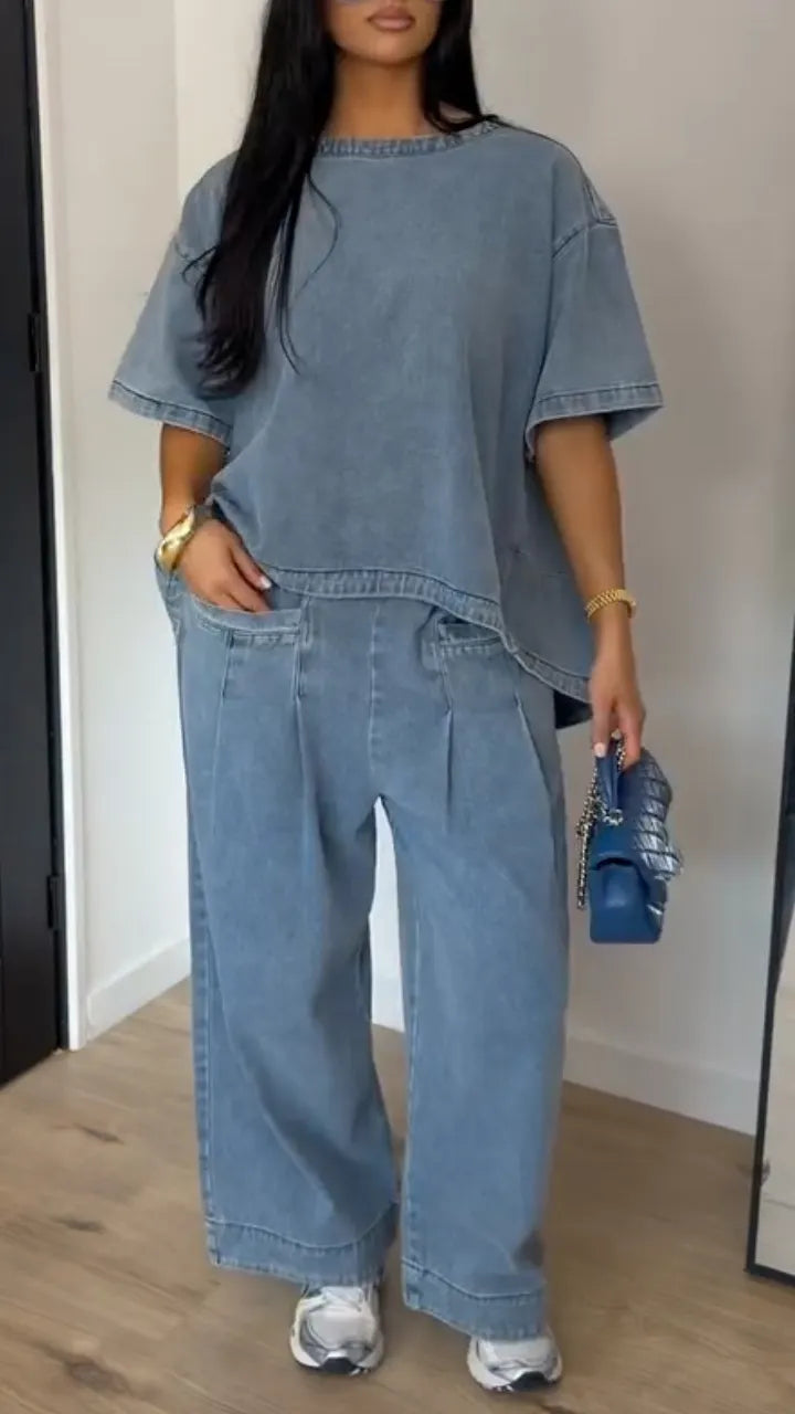Women's Washed Blue Loose Wide-Leg Denim Trousers – Two-Piece Set