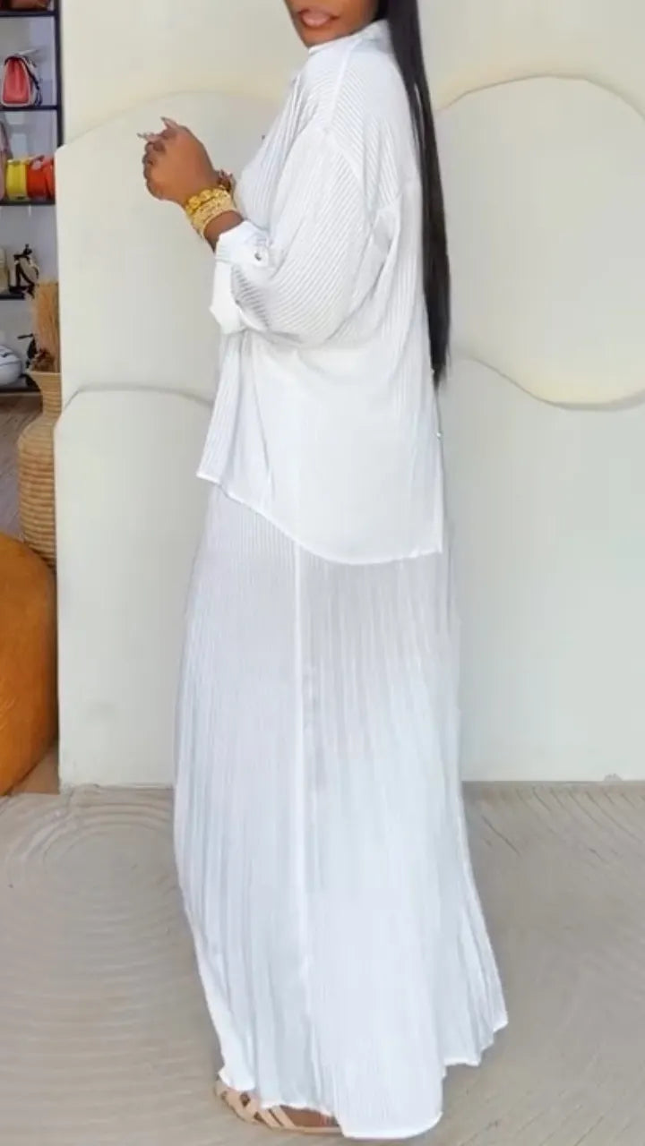 White Pleated Shirt & Wide‑Leg Pants Co‑Ord Set