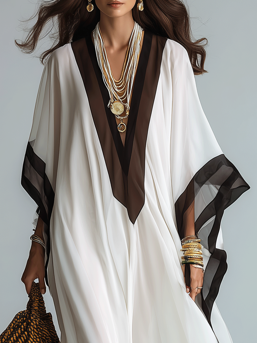 Elegant Resort Chiffon Contrast-Trim V-Neck White Kaftan Maxi Dress