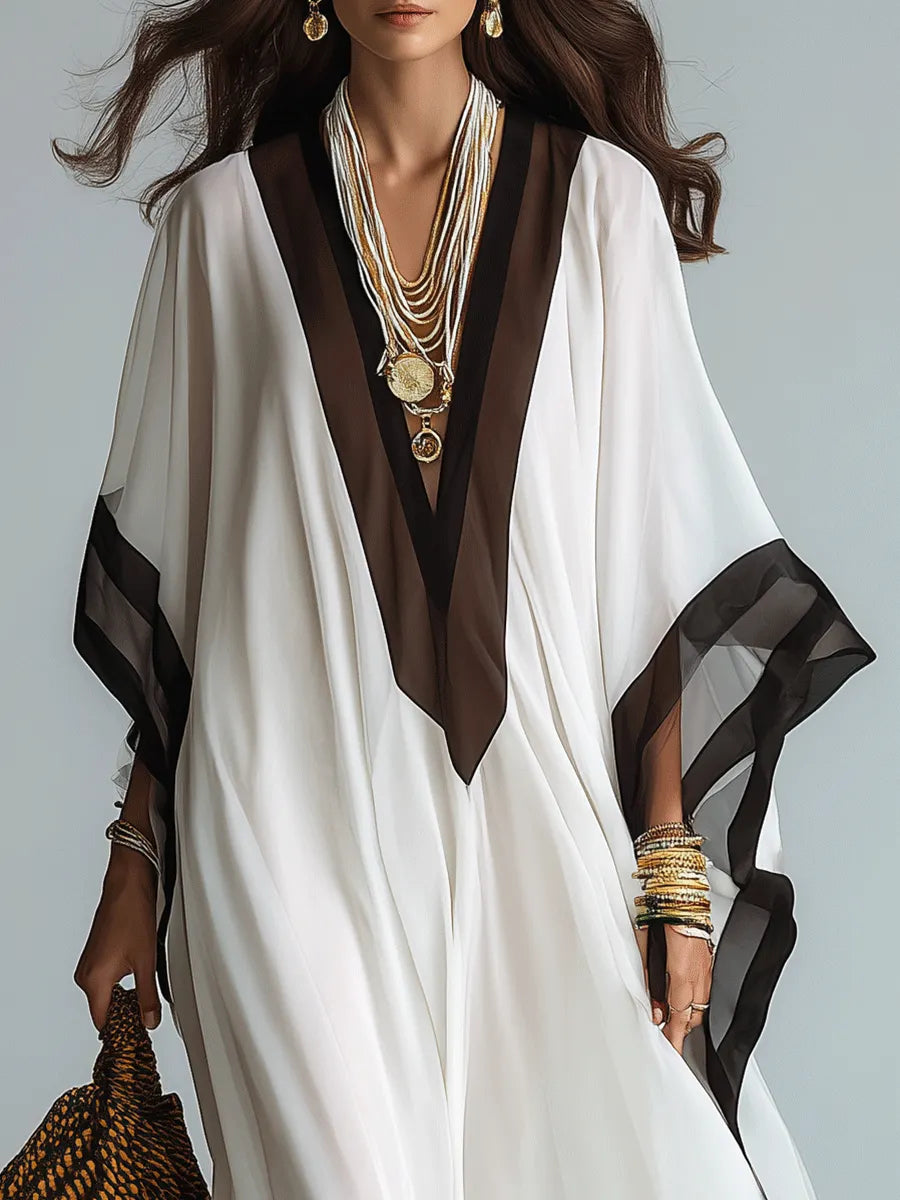 Elegant Resort Chiffon Contrast-Trim V-Neck White Kaftan Maxi Dress