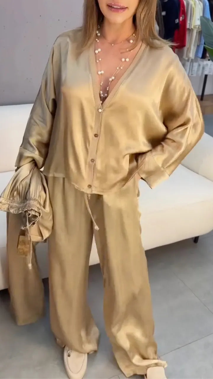 Gold Satin Loungewear 2‑Piece Set