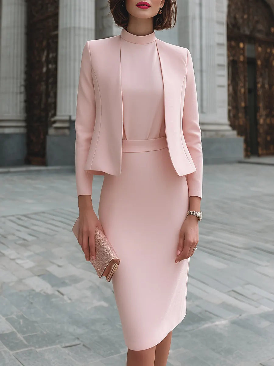 Tailored Collarless Blazer And Mock-Neck Midi Dress Set