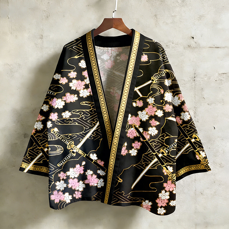 Japanese Katana & Cherry Blossom Linen Kimono