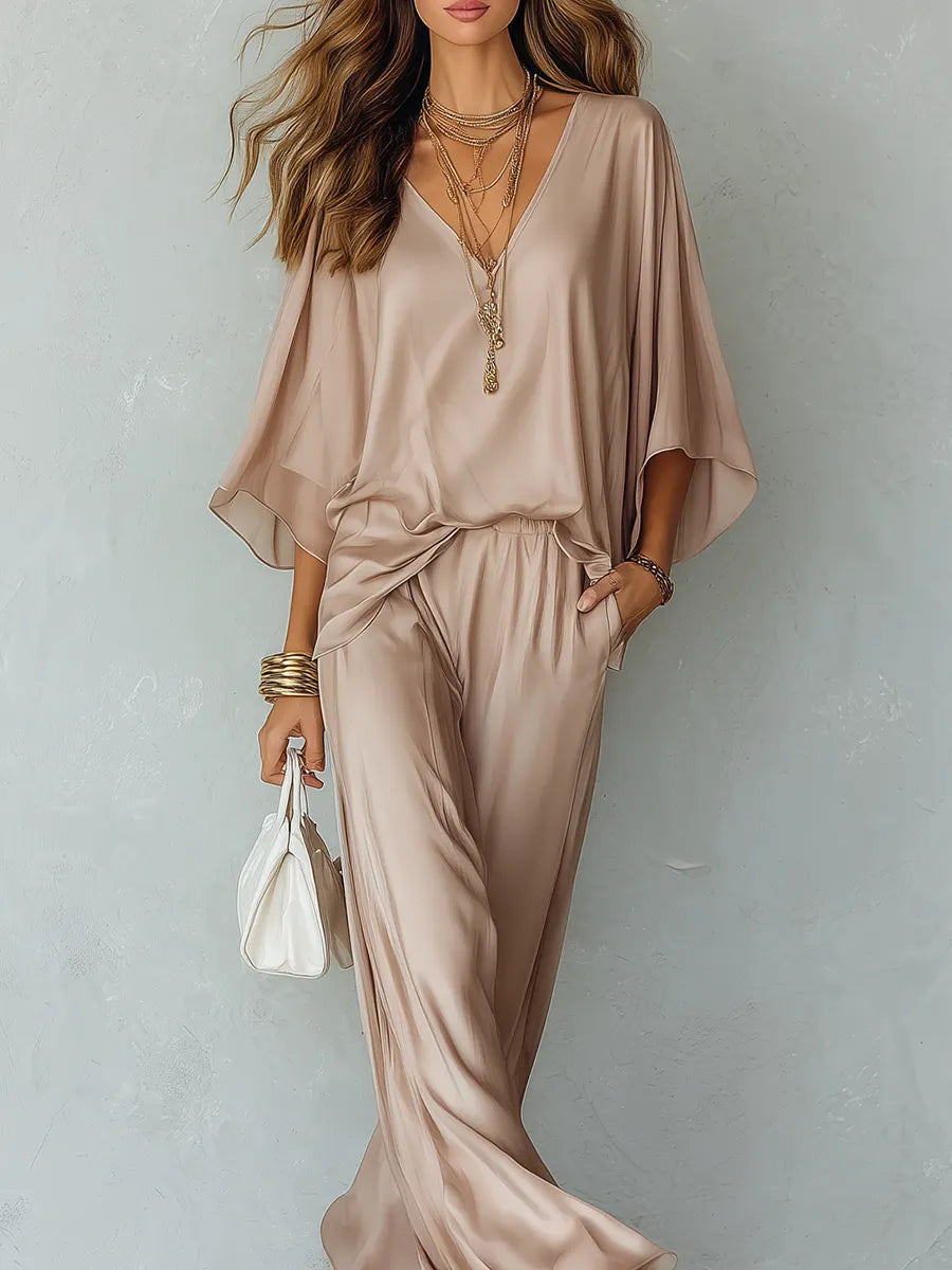Elegant Champagne-colored Batwing Sleeve Suit