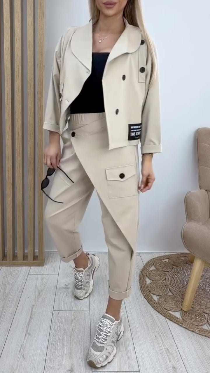 Cropped Trench Coat & Asymmetrical Wrap Cargo Pants Set