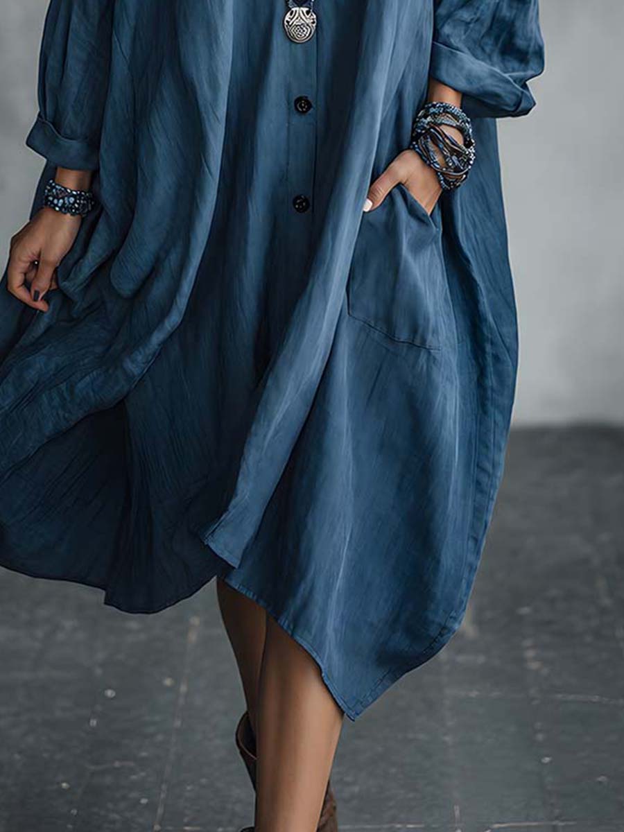 Oversized Long-sleeve Button-down CollarMidi Dress